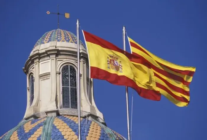Framed Print : EU, Spain, Catalonia, Palau de la Generalitat. Flags of Spain and Catalonia