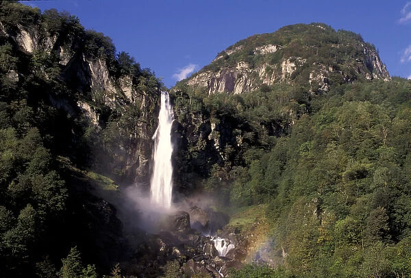 EU, Switzerland, Ticino Region, Village of Foroglio, Val Bavona. Rainbow and waterfall