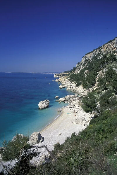 Europe, Albania. Coastal Road, sandy beach and crystal clear waters of the Mediterranean