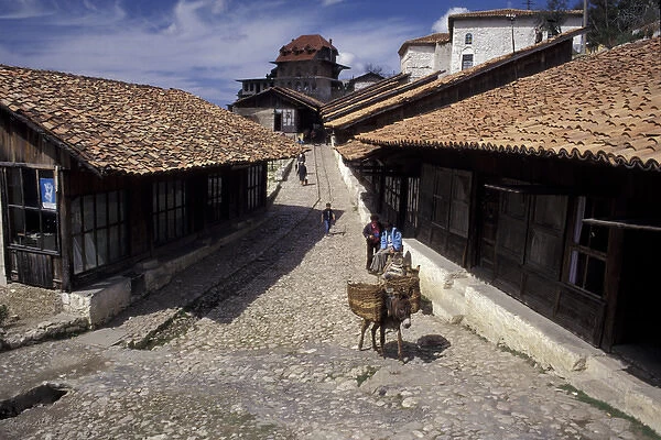 Europe, Albania, Kruja. The bazaar, donkey and peasants