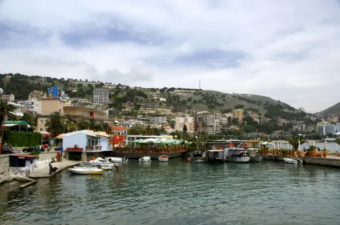 Framed Print : Europe, Albania, Sarande. Albanian port city located on the Ionian Sea, harbor area