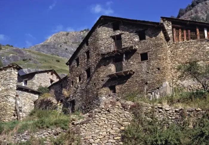 Framed Print : Europe, Andorra. Crumbling stone walls dot the hillsides in Andorra Framed Print : Europe, Andorra. Crumbling stone walls dot the hillsides in Andorra