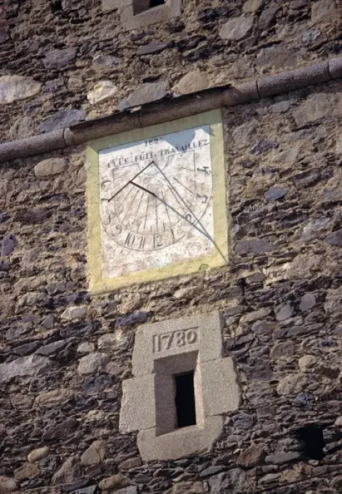 Framed Print : Europe, Andorra. An old sun dial adorns a stone tower in Andorra Framed Print : Europe, Andorra. An old sun dial adorns a stone tower in Andorra