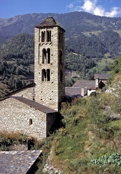 Europe, Andorra, Sant Climent de Pal. A stone clock tower indicates the center of a small village