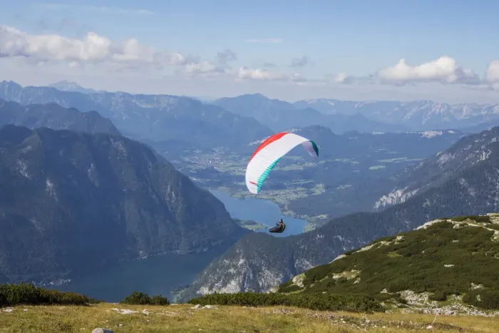 Framed Print : Europe, Austria, Dachstein, Paraglider soaring above Lake Hallstatt Framed Print : Europe, Austria, Dachstein, Paraglider soaring above Lake Hallstatt