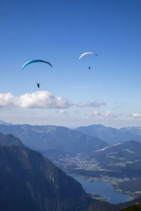 Framed Print : Europe, Austria, Dachstein, Paragliders as they soar above Lake Hallstatt Framed Print : Europe, Austria, Dachstein, Paragliders as they soar above Lake Hallstatt