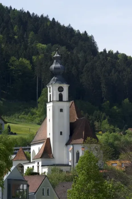Framed Print : Europe, Austria, Engelhartszell, Danube river, church
