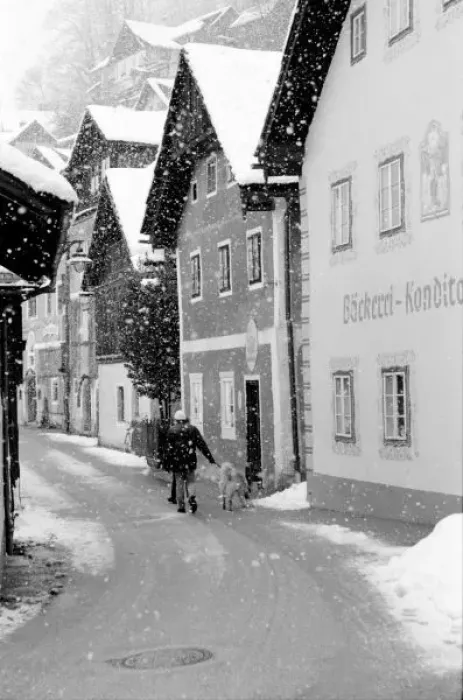 Framed Print : Europe, Austria, Hallstat. Snowy street Framed Print : Europe, Austria, Hallstat. Snowy street