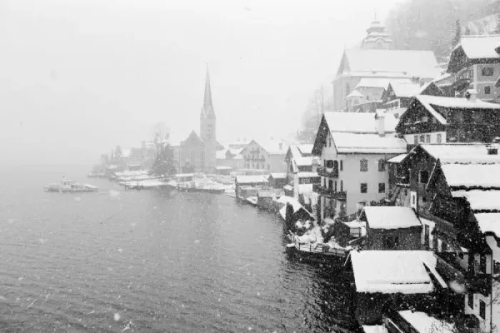 Framed Print : Europe, Austria, Hallstat. Town view in the snow