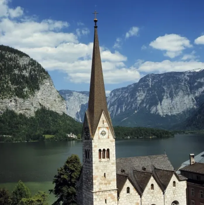 Framed Print : Europe, Austria, Hallstatt. The spire of this Hallstatt church can be seen for miles Framed Print : Europe, Austria, Hallstatt. The spire of this Hallstatt church can be seen for miles