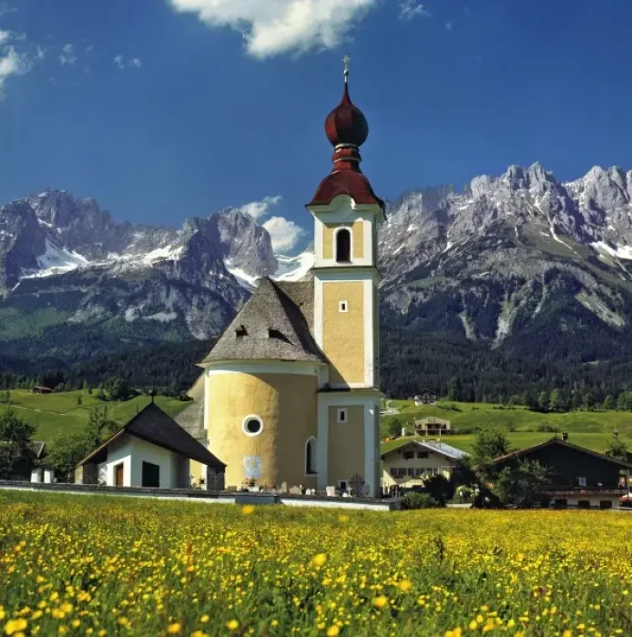 Framed Print : Europe, Austria, Inn River Valley. The charming church at Going in the Inn River Valley Framed Print : Europe, Austria, Inn River Valley. The charming church at Going in the Inn River Valley
