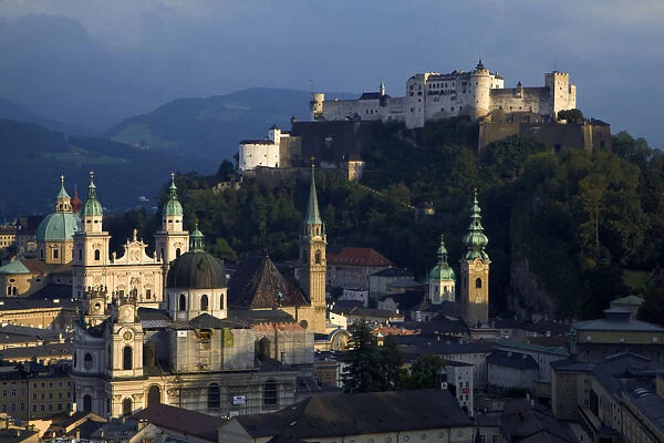 Europe, Austria, Salzberg. Overview of city beneath Hohensalzburg Fortress. Credit as