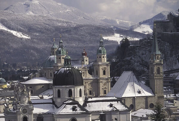 Europe, Austria, Salzburg. Afternoon winter city view from Cafe Winkler