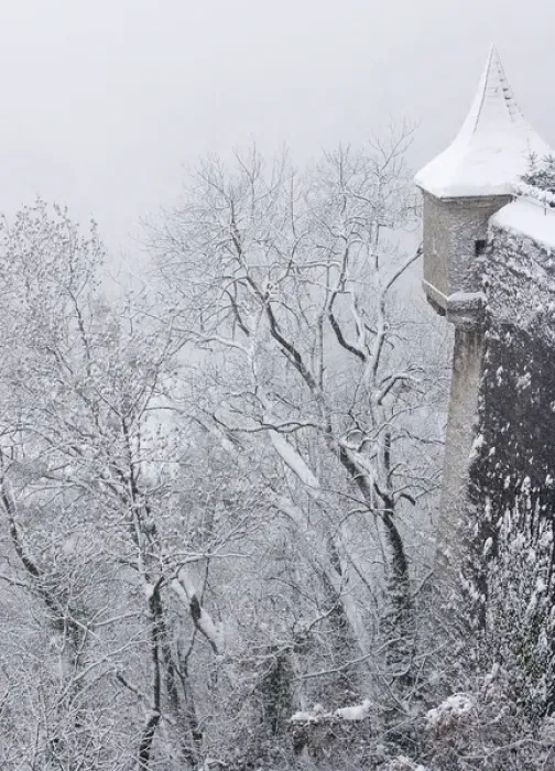 Framed Print : Europe, Austria, Salzburg. Part of Salzburg Castle wall in the winter. Credit as