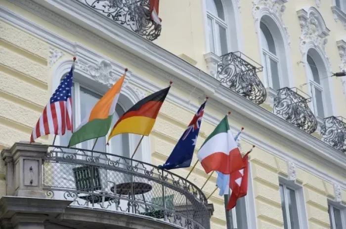 Framed Print : Europe, Austria, Salzburg Stadt, Salzburg, flags on hotel facade Framed Print : Europe, Austria, Salzburg Stadt, Salzburg, flags on hotel facade