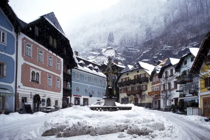 Framed Print : Europe, Austria, Salzkammergut, Hallstatt. Town center during winter Framed Print : Europe, Austria, Salzkammergut, Hallstatt. Town center during winter
