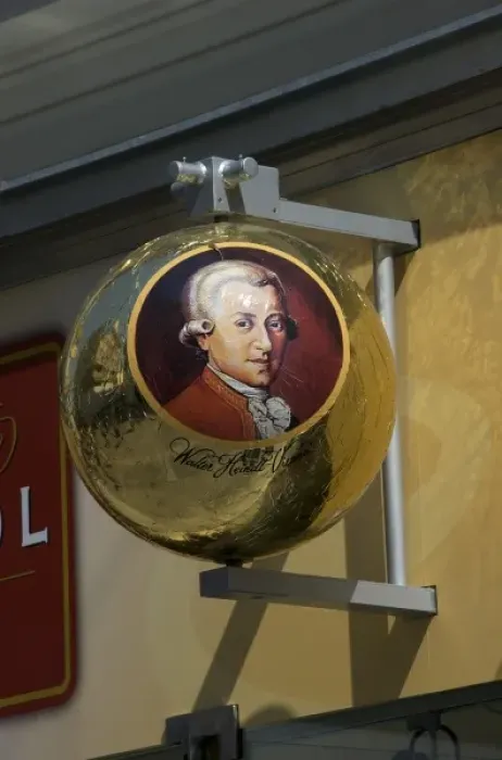 Framed Print : Europe, Austria, Vienna, sign for chocolate store and Mozart balls