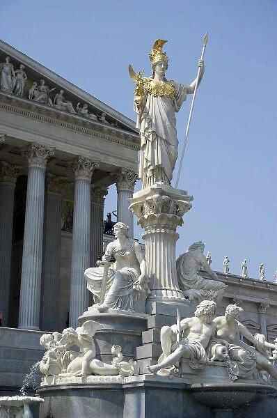 Europe, Austria, Vienna, detail of statue and fountain at the Austrian Parliament