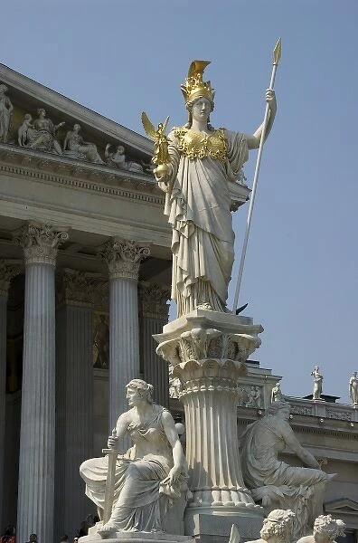 Europe, Austria, Vienna, detail of statue and fountain at the Austrian Parliament
