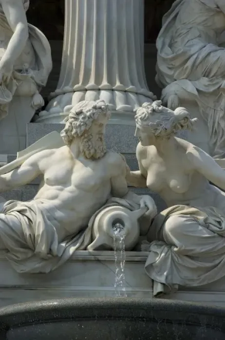 Framed Print : Europe, Austria, Vienna, detail of statue and fountain at the Austrian Parliament