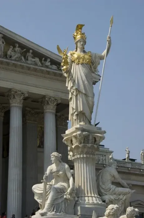 Framed Print : Europe, Austria, Vienna, detail of statue and fountain at the Austrian Parliament
