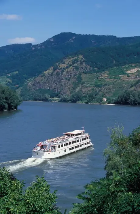 Framed Print : Europe, Austria, Wachau Region, cruise boat along the Danube River