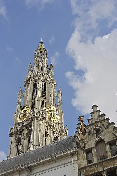 Europe, Belgium, Antwerp. Antwerp Kathedraals Tower seen from the Grote Markt