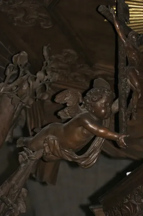 Framed Print : Europe, Belgium, Antwerp. Sculptures carved from wood within Antwerps Kathedraal