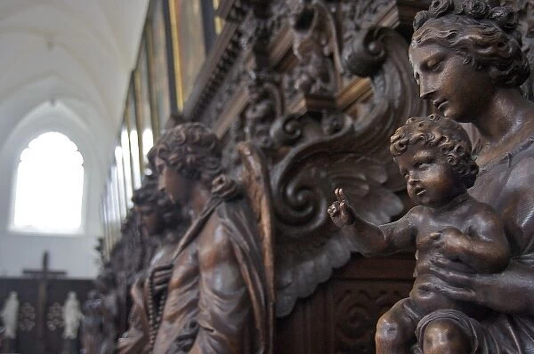 Europe, Belgium, Antwerp. Sculptures depicting saints and angels are carved into