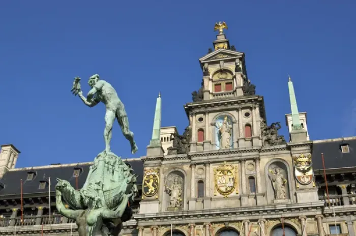 Framed Print : Europe, Belgium, Antwerpen, Antwerp, the Brabo Fountain by Jef Lambeaux (1887) in