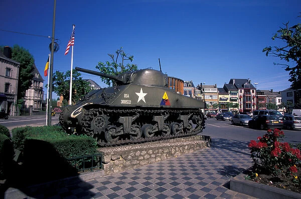 EUROPE, Belgium, Bastogne Place Gen. Mcauliffe, Battle of the Bulge Sherman Tank