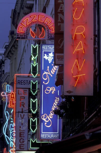 Europe, Belgium, Brabant, Brussels Neon cafe signs, Rue Des Bouchers, off Grand Place