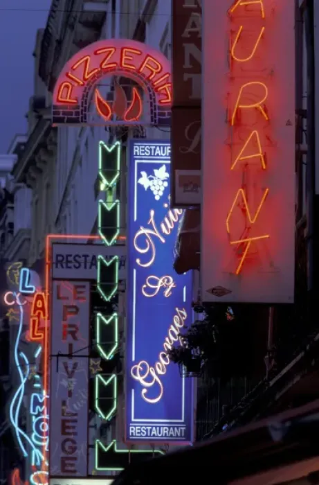 Framed Print : Europe, Belgium, Brabant, Brussels Neon cafe signs, Rue Des Bouchers, off Grand Place Framed Print : Europe, Belgium, Brabant, Brussels Neon cafe signs, Rue Des Bouchers, off Grand Place