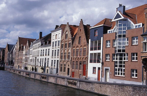 Europe, Belgium, Bruges. Charming old homes linin the River Dijver