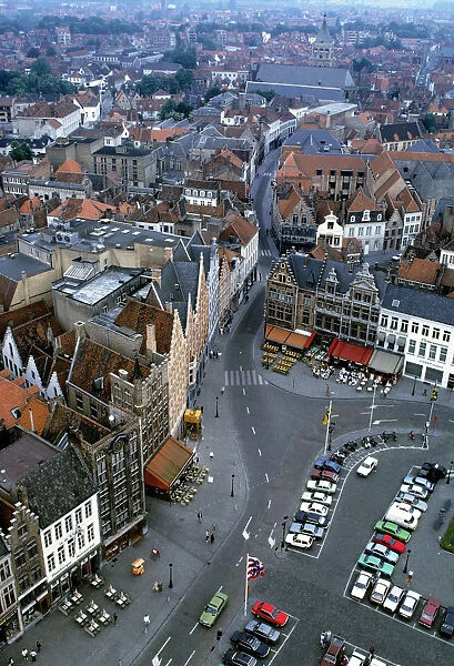 Europe, Belgium, Brugge. Rooftops and roads are all in view from the Tower in Brugge