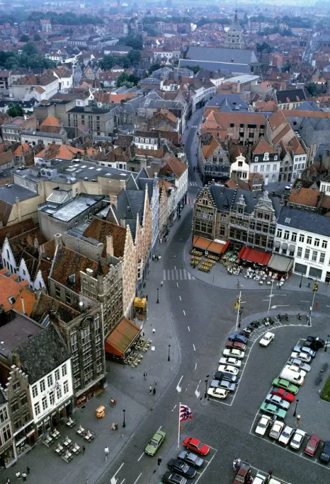 Framed Print : Europe, Belgium, Brugge. Rooftops and roads are all in view from the Tower in Brugge