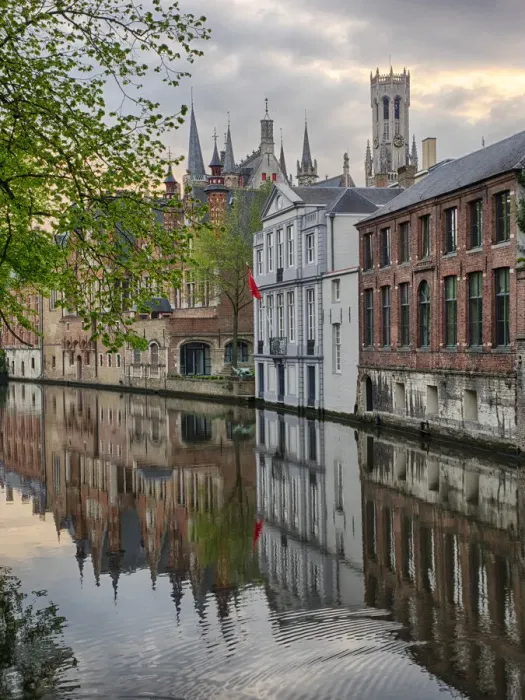 Framed Print : Europe; Belgium; Brugge; West Flanders; Canal Scene with homes and Bridge