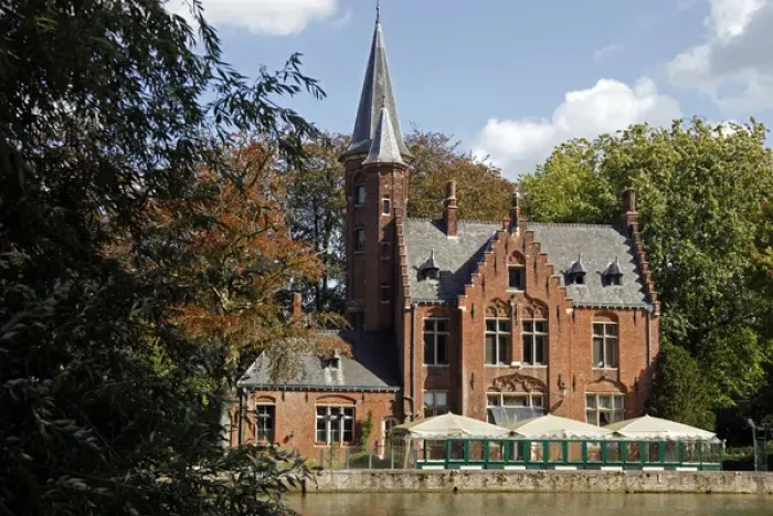 Framed Print : Europe, Belgium, Brugges. Brick church on Minnewater Framed Print : Europe, Belgium, Brugges. Brick church on Minnewater