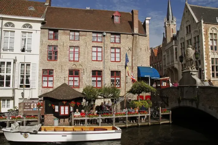 Framed Print : Europe, Belgium, Brugges. Canal cafe of Brugges Framed Print : Europe, Belgium, Brugges. Canal cafe of Brugges