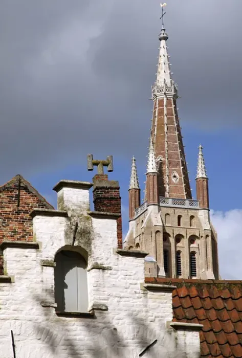 Framed Print : Europe, Belgium, Brugges. Stepped Gable and Steeple of Brugges