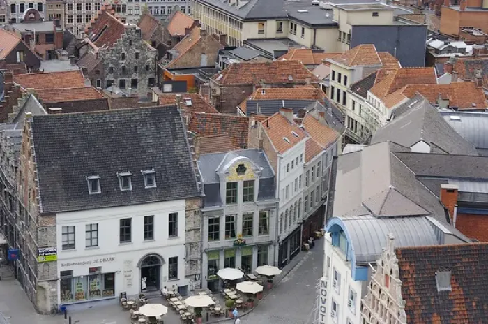 Framed Print : Europe, Belgium, Ghent. From the top of the belfry, a view of Ghent businesses Framed Print : Europe, Belgium, Ghent. From the top of the belfry, a view of Ghent businesses