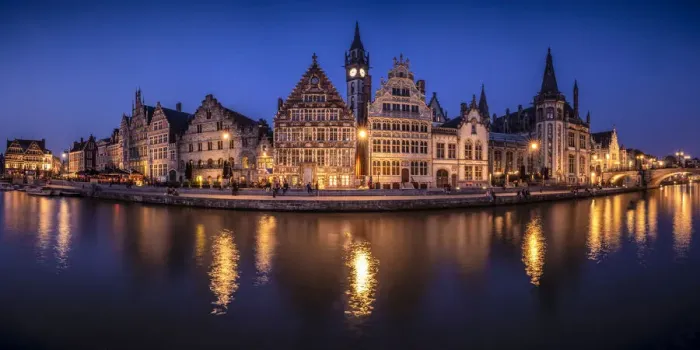 Framed Print : Europe, Belgium, Ghent. Panoramic of town and canal reflections at night Framed Print : Europe, Belgium, Ghent. Panoramic of town and canal reflections at night