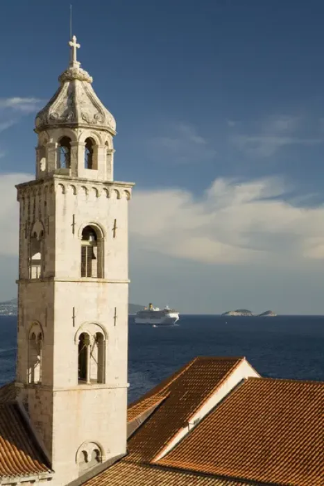 Framed Print : Europe, Croatia, Dalmatia, Dubrovnik. Cathedral belltower, red tile roofs and a Framed Print : Europe, Croatia, Dalmatia, Dubrovnik. Cathedral belltower, red tile roofs and a