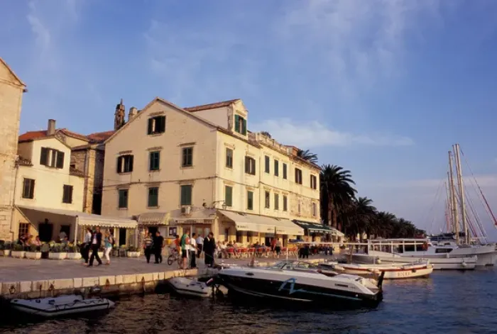 Framed Print : Europe, Croatia, Dalmatia, Hvar Island, Hvar Town. Waterfront at sunset