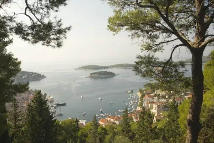 Framed Print : Europe, Croatia, Dalmatia, Hvar Island, Hvar town. View of town, Adriatic Sea