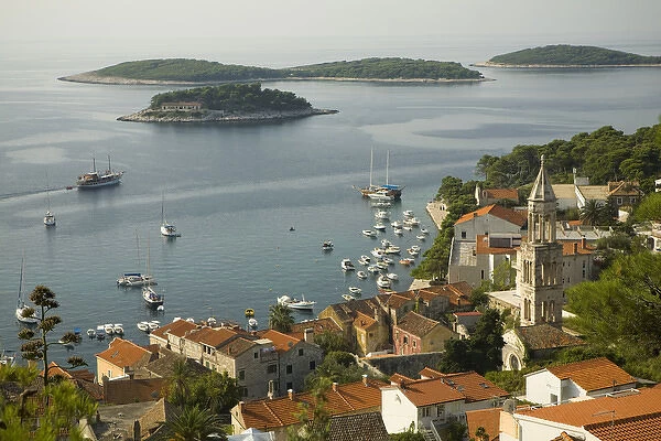 Europe, Croatia, Dalmatia, Hvar Island, Hvar town. View of town, Adriatic Sea