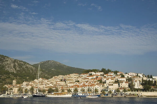 Europe, Croatia, Dalmatia, Hvar Island, Hvar town. Town and harbor with boats