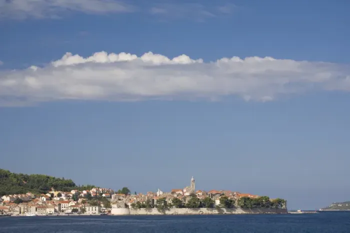 Framed Print : Europe, Croatia, Dalmatia, Korcula Island, Korcula town. View of town from Adriatic Sea
