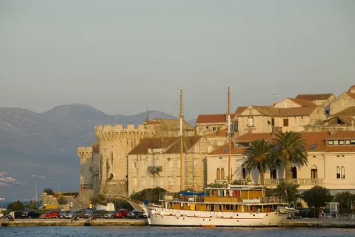 Framed Print : Europe, Croatia, Dalmatia, Korcula Island, Korcula town. View of town perched Framed Print : Europe, Croatia, Dalmatia, Korcula Island, Korcula town. View of town perched