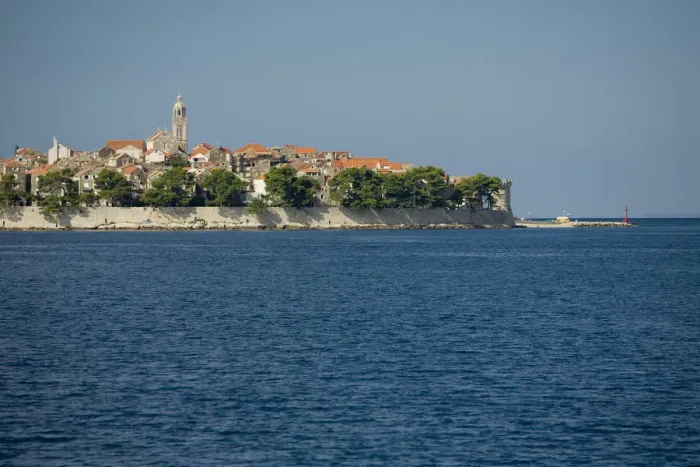 Framed Print : Europe, Croatia, Dalmatia, Korcula Island, Korcula town. View of town from Adriatic Sea